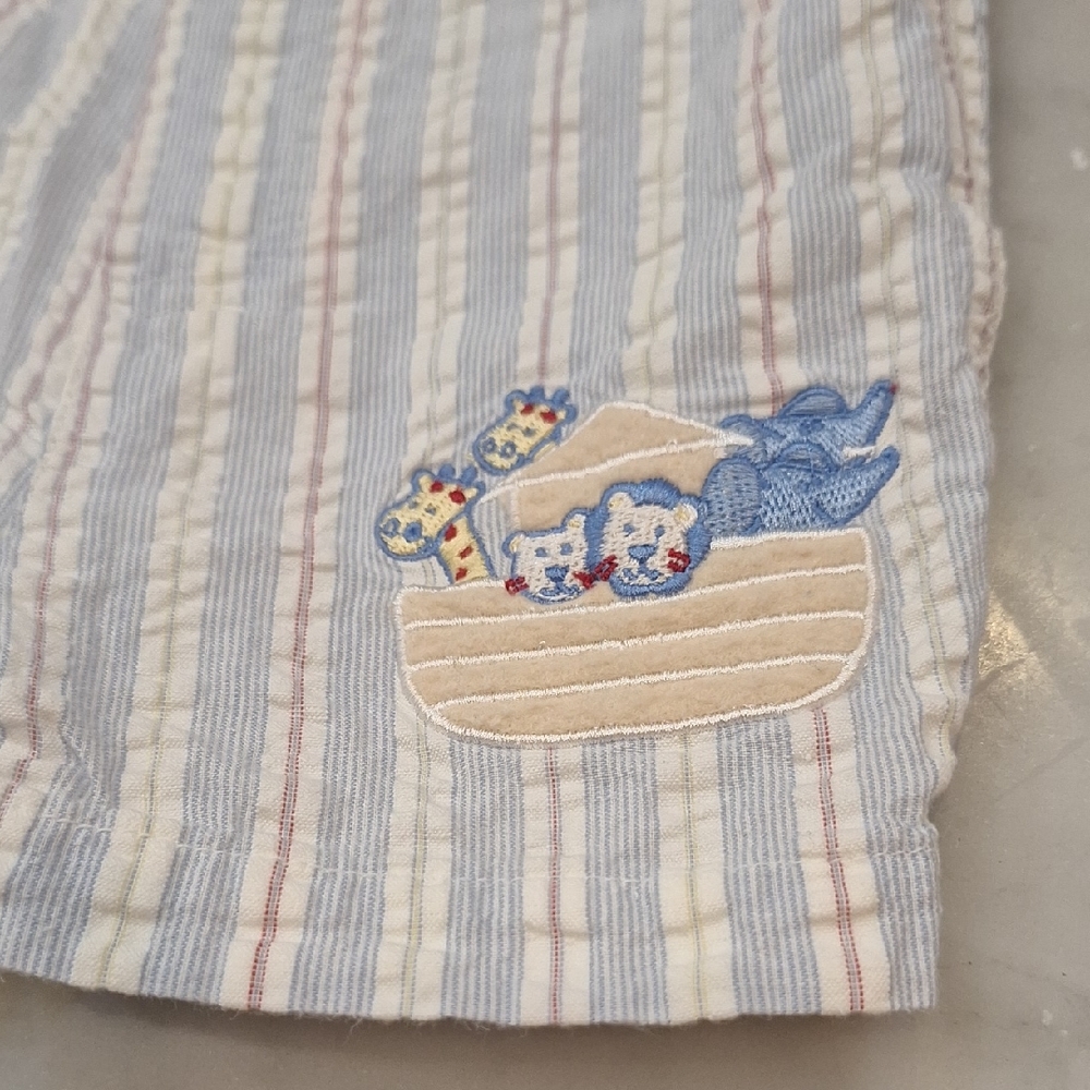 Y2k BT Kids Sz 6/9 M Striped Seersucker Overalls Embroidered‎ Noah's Ark Design